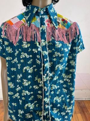 Mens Blue Cowboy Shirt L Fringe 