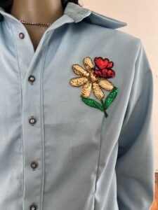 Blue Sequin Flower Shirt L