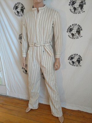 Mens Jumpsuit L Striped Tan belted