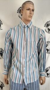 Mens Striped Denim Shirt L USA added stripe on the sleeves