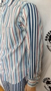 Mens Striped Denim Shirt L USA added stripe on the sleeves
