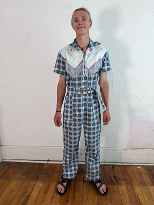 Mens Western Jumpsuit L Plaid Embroidered