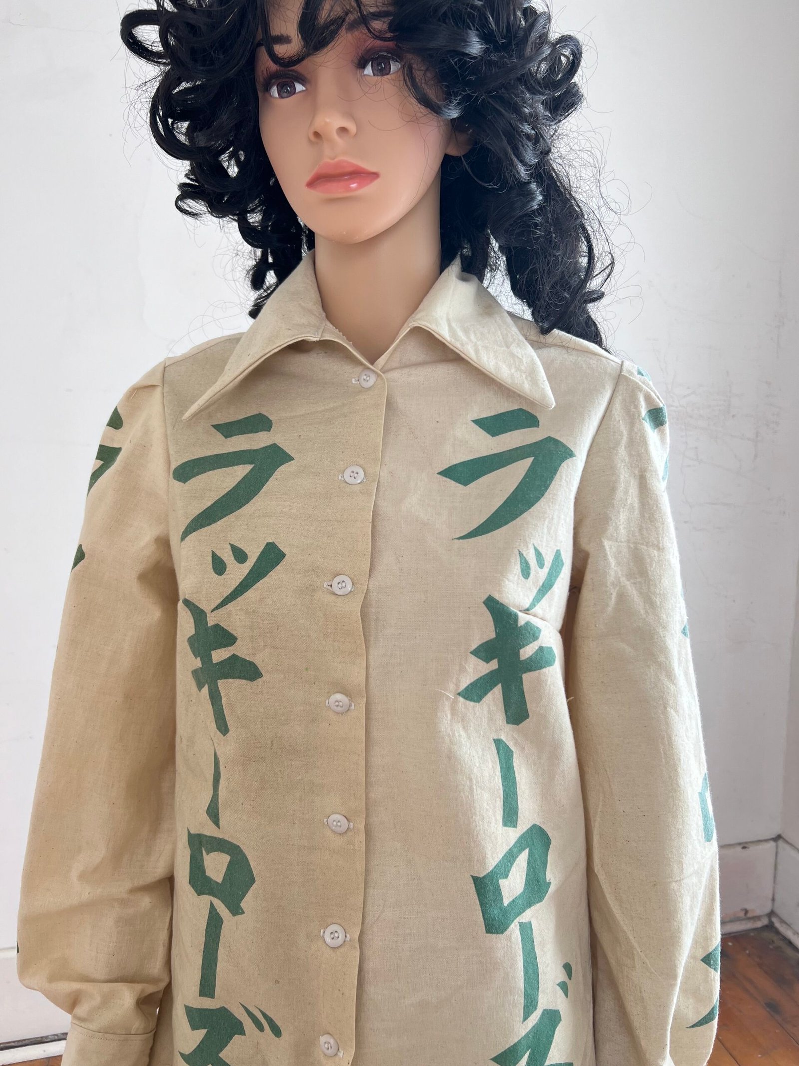 Womens Feed Sack Blouse M Japanese Letters Cotton