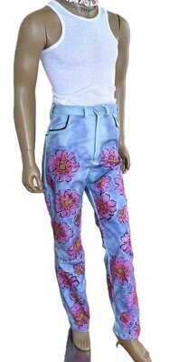 Mod Flower Painted Pants  31- 32 bells Canvas 