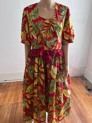 Red Plant  Prairie Dress with lace peplum  M-L w 32"