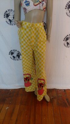 Womens Wide Leg  High waisted Pants Border Print Check 28"" W