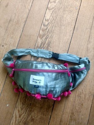Hemp Silk Green Fanny Pack pink pom pom