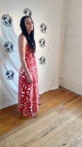 Hawaiian Print Barkcloth Long Strap Dress S  USA