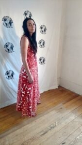Hawaiian Print Barkcloth Long Strap Dress S  USA