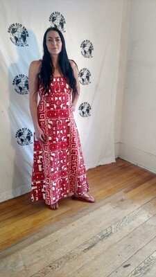 Hawaiian Print Barkcloth Long Strap Dress S USA