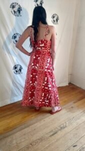 Hawaiian Print Barkcloth Long Strap Dress S  USA